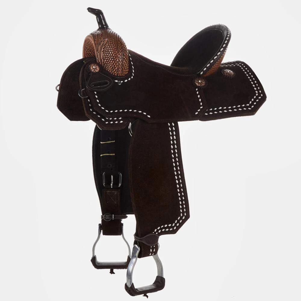Tomahawk Chocolate Roughout 14 1/2 Inch Barrel Saddle With Tooling And White Buckstitch 1 Tomahawk Chocolate Roughout 14 1/2 Inch Barrel Saddle With Tooling And White Buckstitch